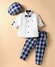 Radutu Full Sleeves Checked Shirt & Trouser With Cap Bow & Suspender Set - White & Blue