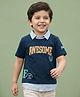 Babyhug 100% Cotton Knit Half Sleeve Overlapping T-Shirt with Mock Collar & Text Print - Navy Blue