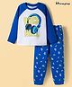Honeyhap Premium 100% Cotton Knit with Bio Finish Full Raglan Sleeves Night Suit with Musical Rock & Roll Print - Bright White & Lapis Blue
