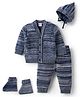 Babyhug Knit Full Sleeves Striped Front Open Sweater Set with Cap & Mittens - Navy Blue