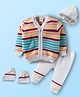 Babyhug Knit Full Sleeves Striped Front Open Sweater Set with Cap & Booties - Multicolor