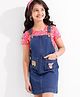 Hola Bonita Cotton Woven Half Sleeves Denim Dungaree Dress with Inner T-Shirt With Floral Print & Embroidery - Blue &  Pink