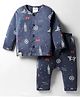 First Smile Sinker Knit Full Sleeves Co-ords Night Suit With Bus Print - Navy Blue