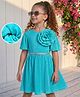 Hola Bonita Knit Puffed Sleeves Pleated Fabric  Frock With Floral Applique & Belt - Aqua