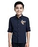 Charchit Cotton Blend Woven Full Sleeves Bird Embroidered Shirt - Navy Blue