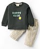 Ollypop Sinker Knit Full Sleeves Text Printed T-Shirt & Striped Pant Set - Dark Green