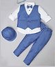 Rikidoos Full Sleeves Striped 3 Piece Party Suit Set With Bow & Cap - Blue & White