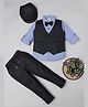 Rikidoos Full Sleeves Striped 3 Piece Party Suit Set With Bow & Cap - Black & Light Blue