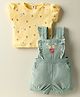 ToffyHouse Corduroy Woven Knit Half Sleeves Inner Tee & Dungaree Set with Honeybee & Floral Print - Yellow & Teal Blue