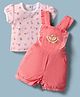 ToffyHouse Corduroy Knit Half Sleeves Floral Bees Printed & Embroidered T-Shirt &  Dungaree Set With Frill Detailing - Coral & White