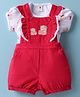 ToffyHouse Corduroy Woven Dungaree & Half Sleeves Inner Tee With Teddy Bear Print & Embroidery - Red & White
