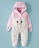 Babyhug Fur Woven Winter Wear Full Sleeves Hooded Romper with Embroidery & Ear Applique - Pink & White
