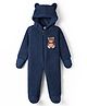 Babyhug Fur Woven Full Length Hooded Winter Wear Footed Romper with Teddy Patch - Navy Blue
