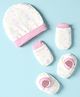 OHMS Interlock Knit Cap Mittens & Booties With Floral Print White - Diameter 10 cm