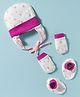 OHMS Interlock Knit Cap Mitten & Booties Set with Floral Print White - Diameter 10 cm