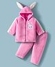 Babyhug Fur Woven Full Sleeves Winter Wear Hooded T-Shirt & Lounge Pant Set With Animal Embriodery & Ear Applique - Pink