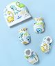Babyhug 100% Cotton Interlock Knit Cap Mittens & Booties With Dino Print White - Diameter 12 cm