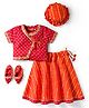 Exclusive from Jaipur Cotton Woven Half Sleeves Foil Printed Choli Lehenga Set With Cap & Booties - Orange