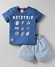 Mini Donuts Cotton Knit Half Sleeves T-Shirt & Shorts with Checks & Mototrip Text Print - Blue