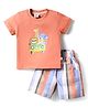 Mini Donuts Cotton Knit Half Sleeves T-Shirt & Shorts with Stripes & Animal Print - Peach