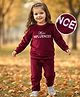 Babyhug Velour Woven Full Sleeves Winter Wear T-Shirt & Lounge Pant Set With Text Embroidery - Wine