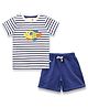JusCubs Cotton Knit Half Sleeves Striped & Fish Patch Embroidered Tee & Shorts Set - Blue