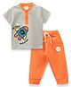 JusCubs Cotton Knit Half Sleeves Space Theme Patch Detailed Tee & Joggers Set - Grey & Orange