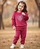 Babyhug Velour Woven Full Sleeves Winter Wear T-Shirt & Lounge Pant Set With Heart Embroidery - Fuchsia