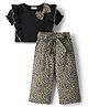 CrayonFlakes Cotton Knit Half Peasant Sleeves Bow Applique & Frill Detailed Top With Leopard Printed Palazzo Set - Black