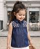Babyhug Woven Sleeveless Floral Embroidered Denim Top - Navy Blue