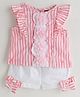 One Friday Cotton Woven Sleeveless Striped Bow & Floral Applique Detailed Top & Shorts Set - Pink