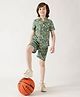 One Friday Cotton Woven Half Sleeves Leaves Printed Shirt & Coordinating Shorts Set - Green