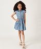 One Friday Cotton Woven Cap Sleeves Floral Patch Detailed Brand Name Text Embroidered Denim Dress - Blue