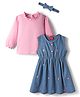Babyhug Cotton Woven Full Sleeves Floral Embroidered Frock With Tee & Headband - Blue