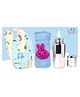 The Cheeky Kidzz Baby Stainless Steel Feeder Liquids Milk Juices Anti-Slip Feeding 240ml Bottle With Cute Bottle Cover and 3 Cotton Bibs (BLUE)