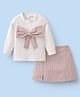 Mark & Mia Cotton Knit Full Sleeves Top and Skirt Set With Checks & Bow Applique -  Pink & White