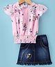 Enfance Half Puffed Sleeves Floral Printed Top & Denim Skirt Set - Pink