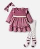 ToffyHouse 100% Cotton Knit Full Sleeves Tiered Solid Frock with Printed Stockings & Headband - Plum