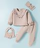 ToffyHouse 100% Woven Full Sleeves Frill Detailed Jacquard Top & Footed Legging with Bow Applique Bib & Headband - Tan