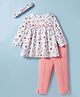 ToffyHouse Cotton Knit Full Sleeves Floral Printed Top With Headband & Solid Leggings - White & Pink