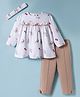 ToffyHouse Interlock Knit Full Sleeves Floral Printed Top & Pant Set with Headband & Bow Applique - Tan & White