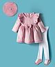 ToffyHouse Cotton Knit Full Sleeves Frock With Bow Applique Hat & Stockings - Pink