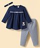 ToffyHouse Cotton Knit Full Sleeves Polka Dots Top With Teddy Patch & Headband & Striped Leggings Set - Navy