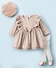 ToffyHouse 100% Cotton Shearing Fabric Knit Full Sleeves Frill & Lace Detailed Frock With Hat & Pair Of Stockings - Tan & White