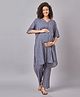 Mine4Nine Rayon Woven Three Fourth Sleeves Floral Printed & Striped Coordinating Maternity Kurta & Pant Set - Blue