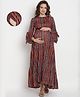 Mine4Nine Rayon Woven Half Bell Sleeves Striped & Abstract Printed Maternity Dress With Side Zipper Nursing Access - Red