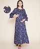 Mine4Nine Rayon Woven Half Bell Sleeves Striped & Abstract Printed Maternity Dress With Side Zipper Nursing Access - Navy Blue