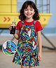 Ollington St. Cotton Half Sleeves Frock With Inner Top & Printed Knit Pinafore - Red & Multicolor