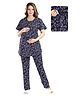 Fabme Pure Cotton Knit Half Sleeves Unicorn Printed Coordinating Maternity Night Suit Set With Nursing Access - Navy Blue