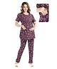 Fabme Pure Cotton Knit Half Sleeves Stars Printed Coordinating Maternity Night Suit Set With Nursing Access - Wine Purple